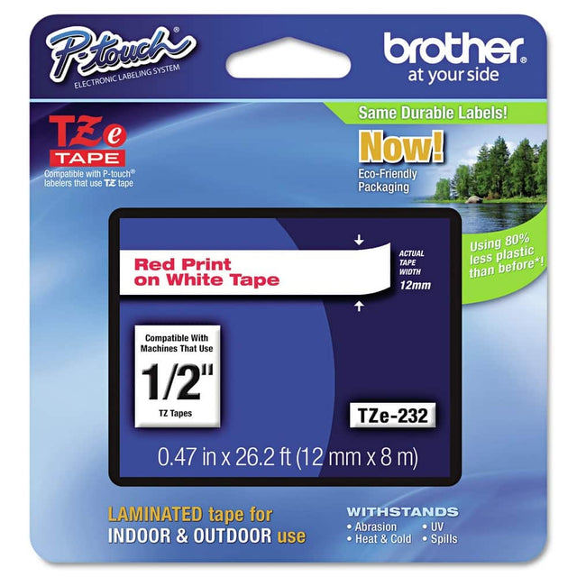 **Brother P-touch Electronic Labeling System**

**TZ e Tape**

- Compatible with P-touch labelers that use TZ tape
- Red Print on White Tape
- Actual Tape Width: 12mm
- Compatible with Machines That Use 1/2" TZ Tapes
- TZe-232
- 0.47 in x 26.2 ft (12 mm x 8 m)
- Laminated tape for Indoor & Outdoor use
- Withstands Abrasion, UV, Heat & Cold, Spills

**Eco-Friendly Packaging**
- Using 80% less plastic than before*

**Same Durable Labels! Now!**