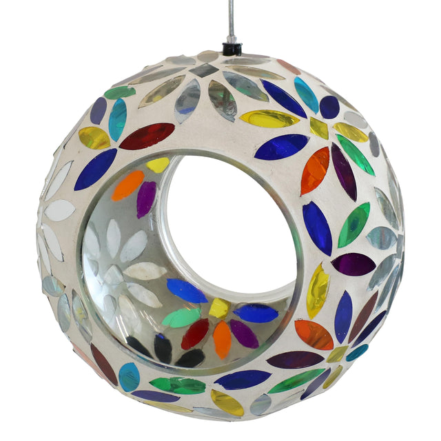 Front. Sunnydaze - Fly-Through Hanging Bird Feeder - 6 in - Rainbow Daisies Mosaic.