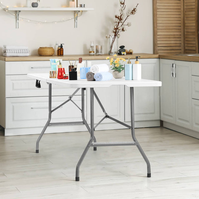 Front. Oumilen - 6ft White Bi-Fold Folding Table with Carry Handle - White.