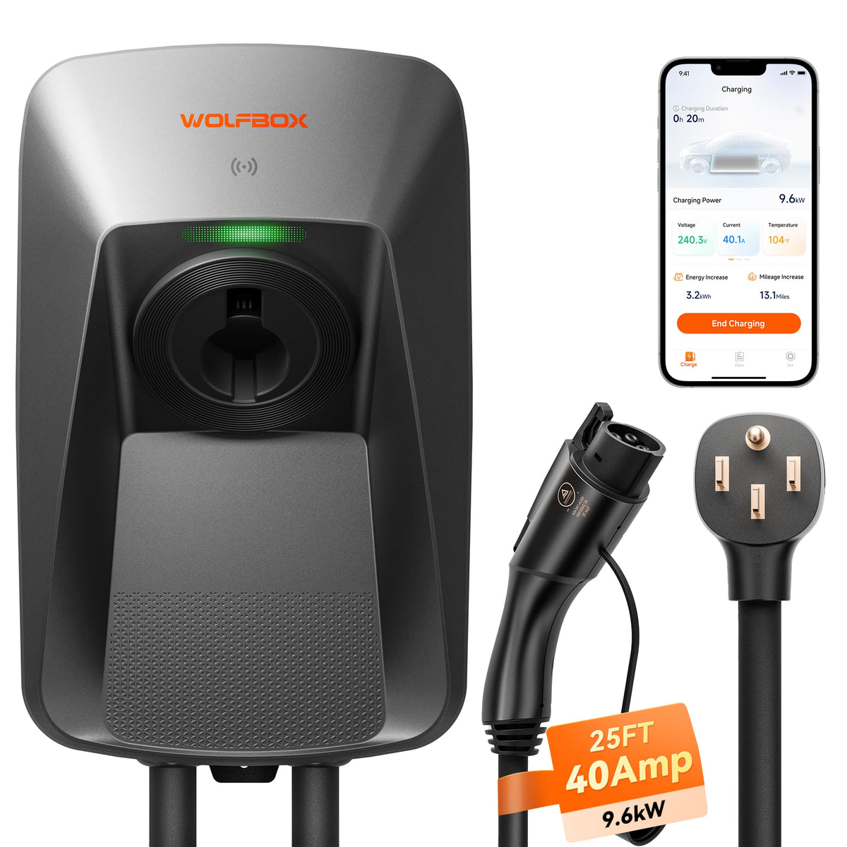 WOLFBOX - Level 2 EV Charger, 40A J1772 Charging Station, NEMA 14-50 Plug, Smart App & RFID Control, 240V Electric Vehicle Charger - Gray