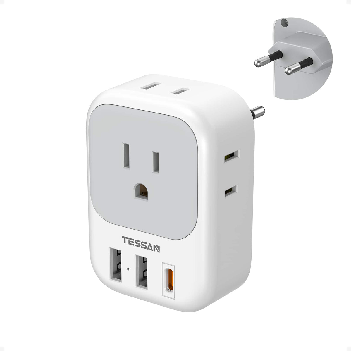 TESSAN - European Travel Plug Adapter, 7-in-1 Outlet Extender with 4 AC Outlets and 3 USB Ports (20W PD USB-C), Type C Adaptor - Gray,White
