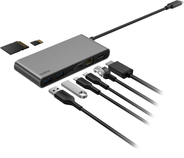 Belkin - 8-Port Hub w/ 4K HDMI Display @ 60Hz, 100W Power Delivery, Fast Data Transfer 10Gbps, USB-C Multiport Adapter - Space Gray