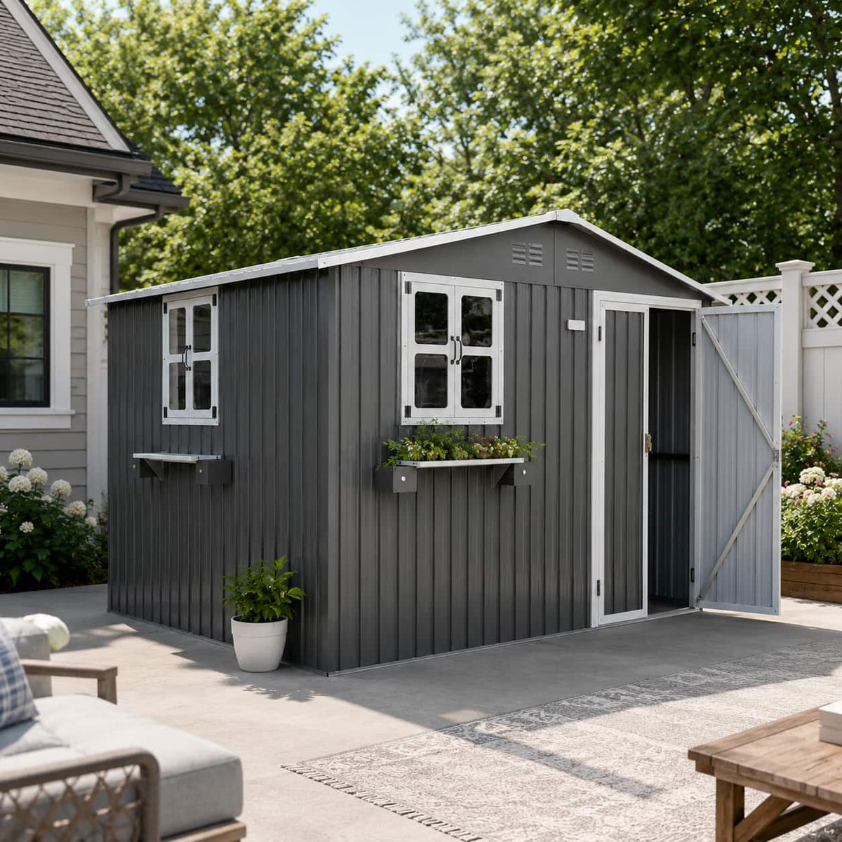 Anysun - 10x8 FT Outdoor Metal Storage Shed with Window & Flower Rack – Lockable Double Doors Tool Shed, Waterproof Weatherproof - Gray