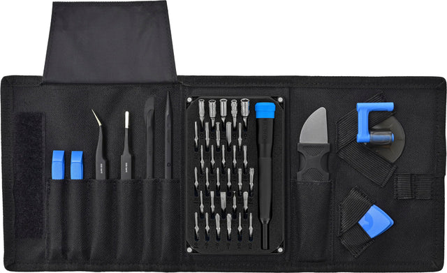 The image features a black toolbox containing various tools, including a spudger, a screwdriver, a wrench, and a knife. The tools are neatly organized and ready for use.