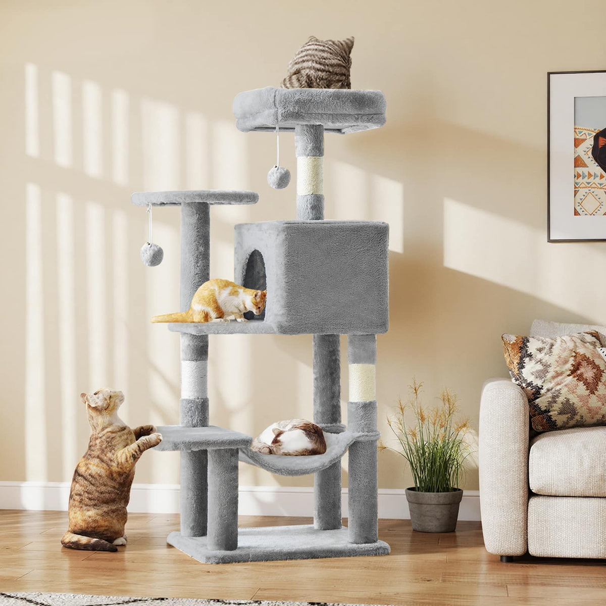 Bestier - 44 inch Cat Tree Tower, Multi-Cat Climbing Tower with, Natural Sisal Scratching Posts, Extended Platform, Hammock - Light Gray