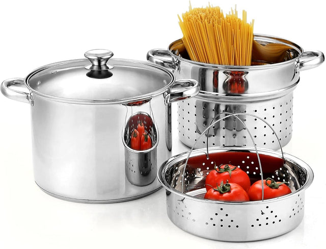 Front. Cook N Home - Basics 18/10 S/S 8 Qt Pasta Multipots with Strainer,Tempered Glass Lid, Induction Compatible, Dishwasher & Oven Safe,4PC - stainless steel.