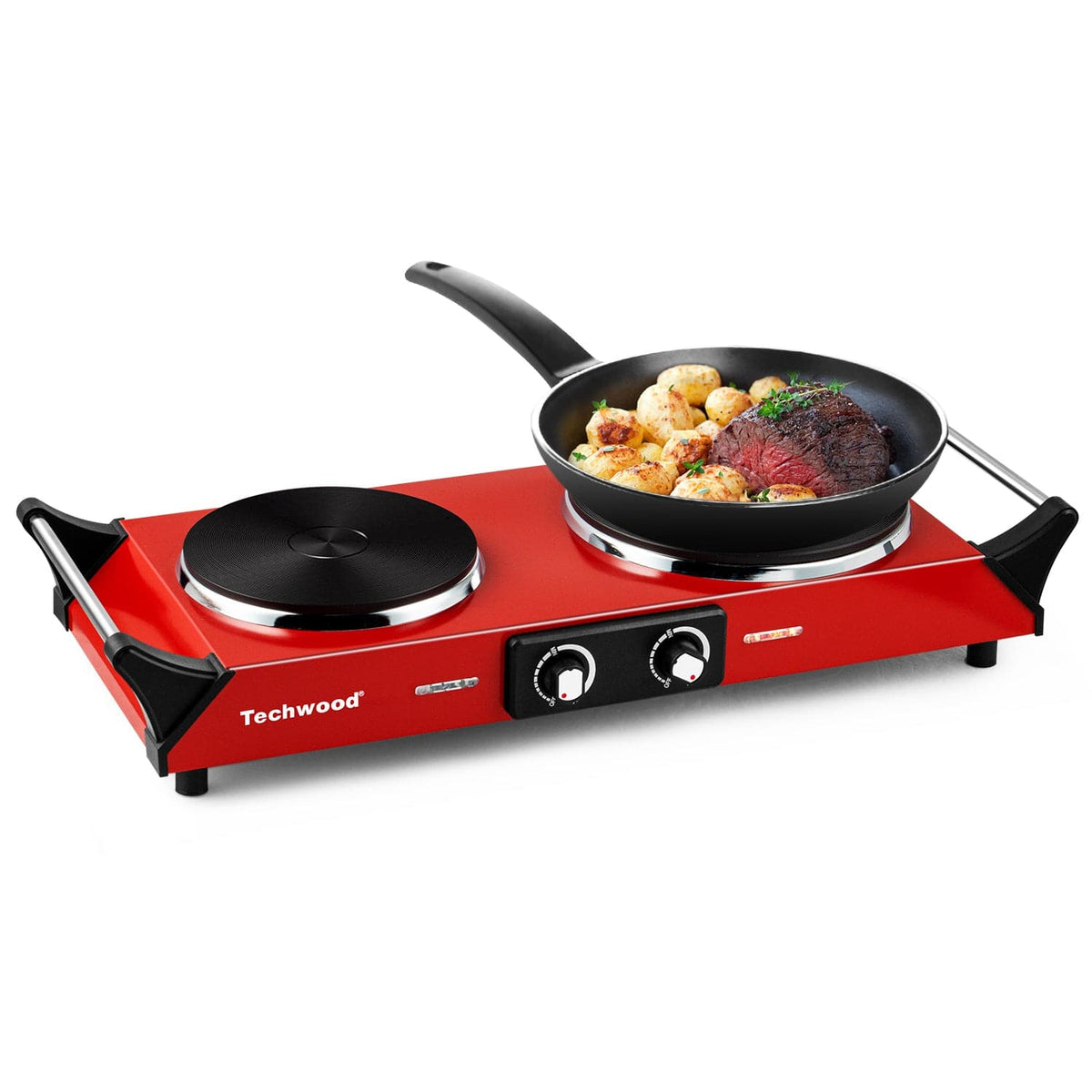 Techwood - 1300w & 500w Double Burner with Stay Cool Handle, Adjustable Temperature Electric Cooktop for RV Home Camp - Red