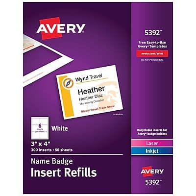 AVERY 5392  
Free Easy-to-Use Avery Templates  
avery.com/print  

Wynd Travel  
Heather Diaz  
Marketing Director  
Global Travel Trade Show  

White  
3" x 4"  
300 inserts - 50 sheets  
Name Badge Insert Refills  

Recyclable inserts for Avery badge holders  
Laser Inkjet  

AVERY 5392
