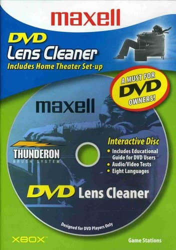 Maxell DVD Lens Cleaner  
Includes Home Theater Set-up  

A MUST FOR DVD OWNERS!  

Interactive Disc  
- Includes Educational Guide for DVD Users  
- Audio/Video Tests  
- Eight Languages  

THUNDERON BRUSH SYSTEM  

DVD Lens Cleaner  
Designed for DVD Players Only  

XBOX Game Stations