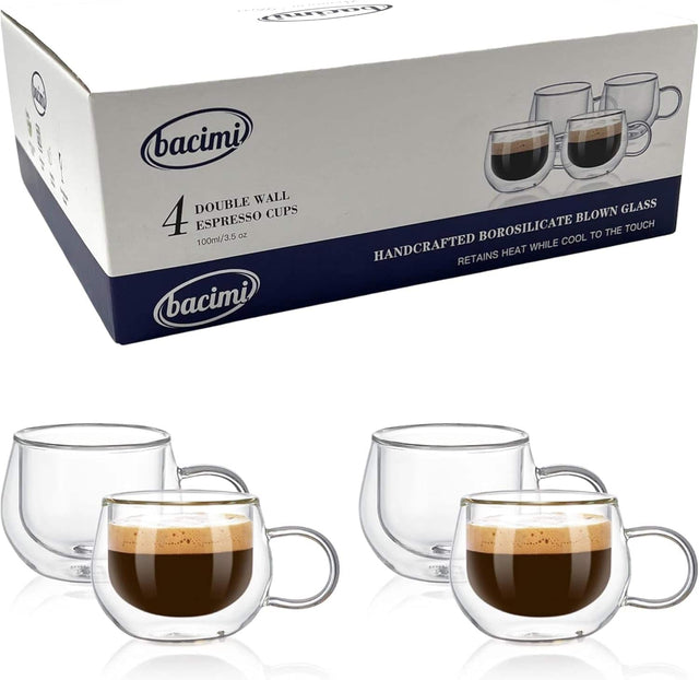 bacimi DOUBLE WALL ESPRESSO CUPS 4 100ml/3.5 oz HANDCRAFTED BOROSILICATE BLOWN GLASS RETAINS HEAT WHILE COOL TO THE TOUCH