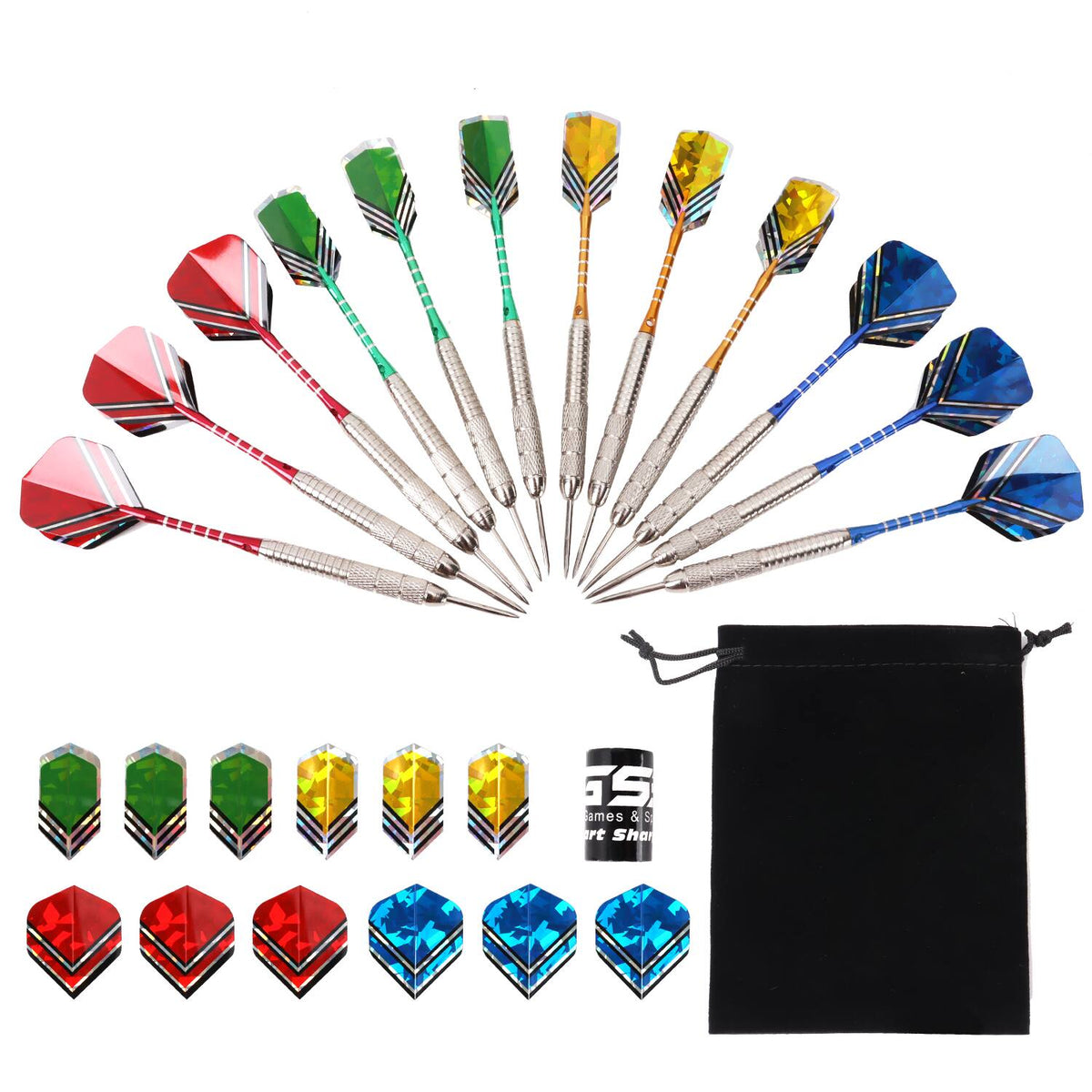 GSE Games & Sports Expert - 12 Pcs of 24 Grams Professional Metal Darts for Dartboard with Extra Flights, Dart Sharpener & Storage Bag - multicolor