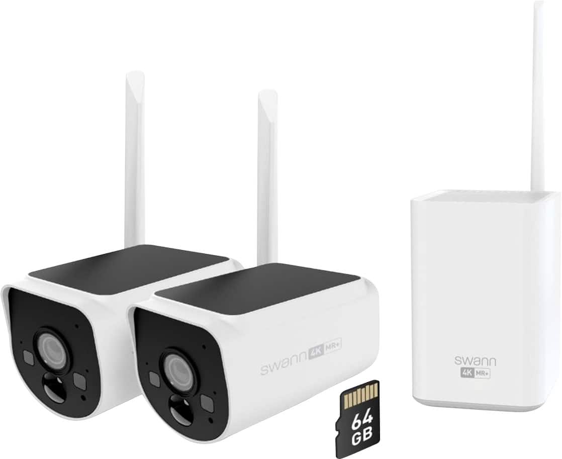 Swann - MaxRanger Version 2 4K Solar Wireless Security System W/ Base Station & 2 Forever Charged Solar Powered Cameras, 64GB - White