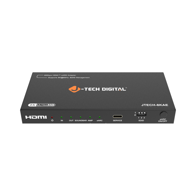 48Gbps HDMI 1.4a eARC Adapter Supports 8K@60Hz, EDID Management -TECH DIGITAL 8K ULTRA HD JTECH-8KAE HDMI IN OUT SOUNDBAR AMP ARC SERVICE 1.. 0 123 - 2 3 EDID ARC ON/OFF