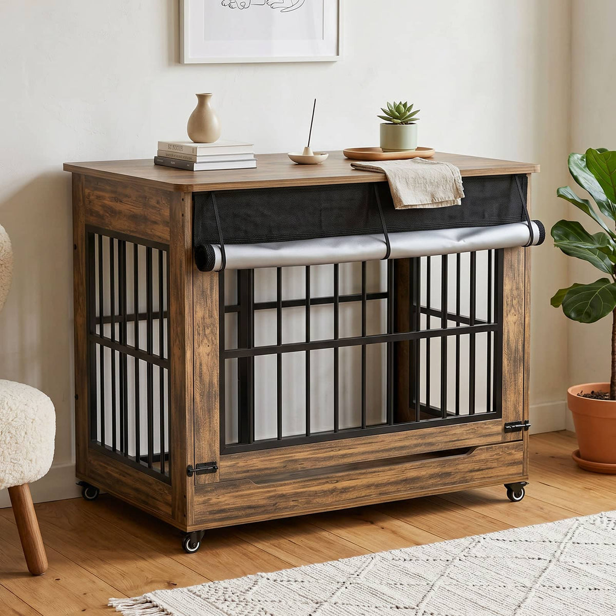 Anysun - 46" Wooden Dog Crate Furniture, Double Door Indoor Kennel, Decorative Pet Cage End Table w/ Wheels, for Extra Large Dogs