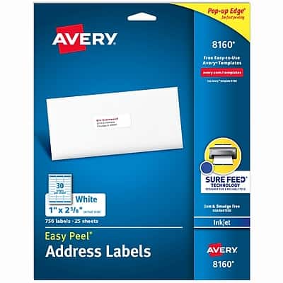 Avery - Easy Peel Inkjet Address Labels, 1" x 2 5/8", 750 Labels/Pack - Matte White