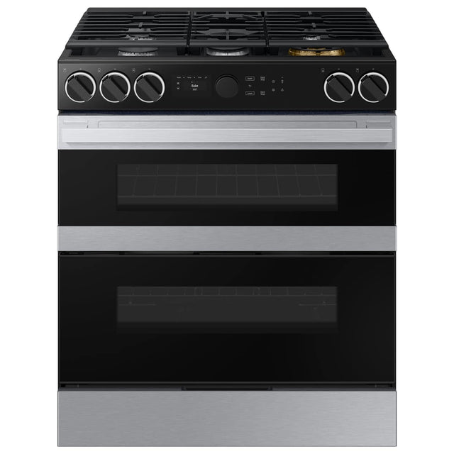 Front. Samsung - 30 in. Wide 5 Burner Bespoke 6.0 Cu. Ft. Slide-In Gas Convection Range with Flex Duo Convertible Double Oven Technology - Stainless Steel.