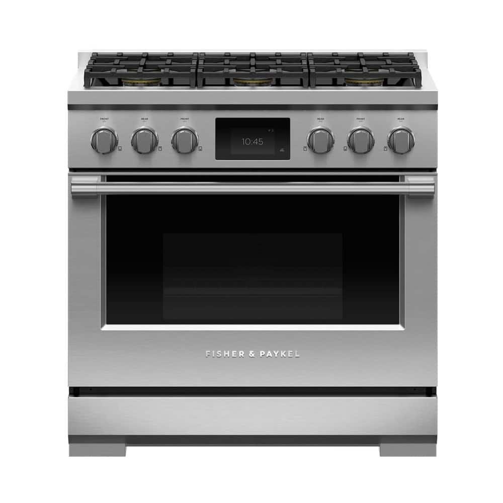 Fisher & Paykel - 36 in. Wide 6 Burner Professional 4.8 Cu. Ft. Freestanding Dual Fuel True Convection Range with Self-Cleaning - Stainless Steel/Black Glass