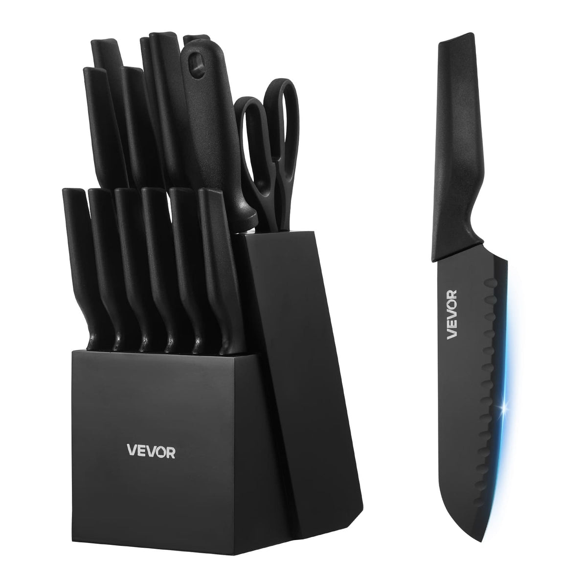 VEVOR - Kitchen Knife Set with Block and Sharpener, 15 Piece German High Carbon Stainless Steel Knife Set, Kitchen Cutlery