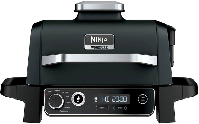 Ninja Woodfire Grill Off Smoker - Air Crisp Bake Woodfire Flavor Roast Technology Reheat . 07 70 HI 20:00 Temp + Time + Start Stop Dehydrate