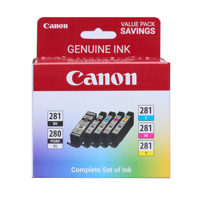 Canon Value Pack Saving Genuine Ink Canon 281 BK 280 PGBK XL I - NP A J av POBK ex A a2 T - - 1 5 SF cna A P FOU ae A 281 C 281 M 281 Y Complete Set of Ink