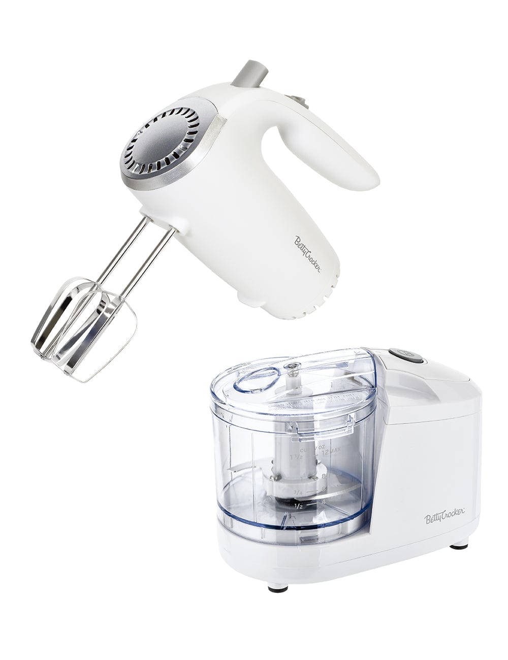 Betty Crocker - 2-Piece Kitchen Combo: 5-Speed Hand Mixer with Chrome Beater & Whisk, 100W Food Chopper with Plastic Bowl, BC-7222W - White