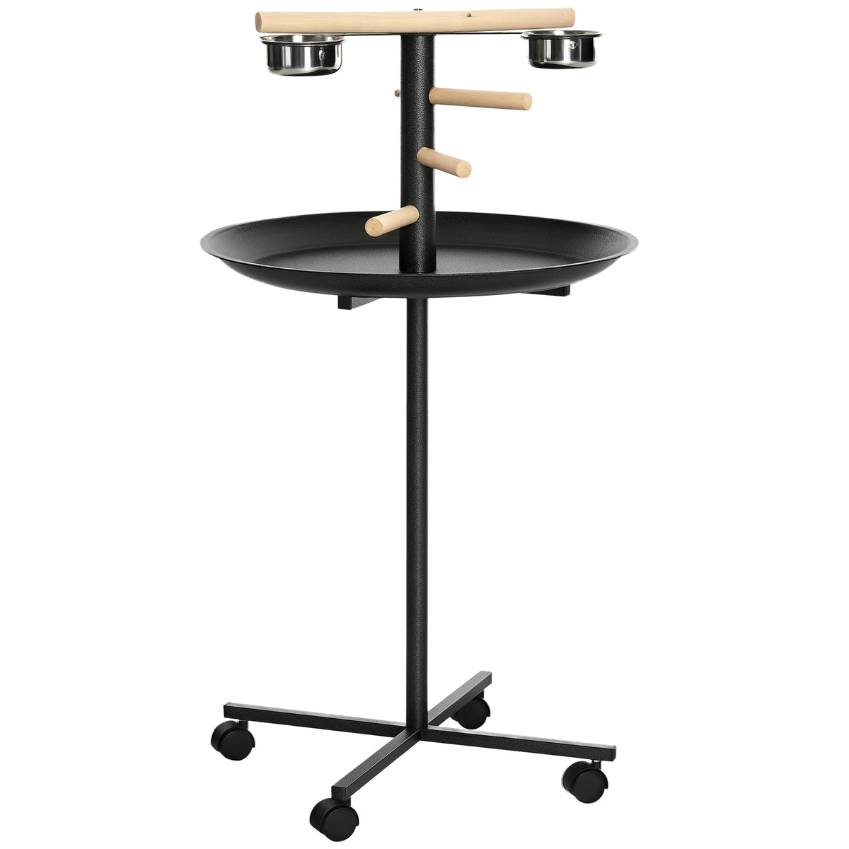 Pawhut - Bird Play Stand, Portable Parrot Perch, Bird Feeder Station, with Four Wheels, Stainless Steel Feeding Bowls, Round Tray - Gray