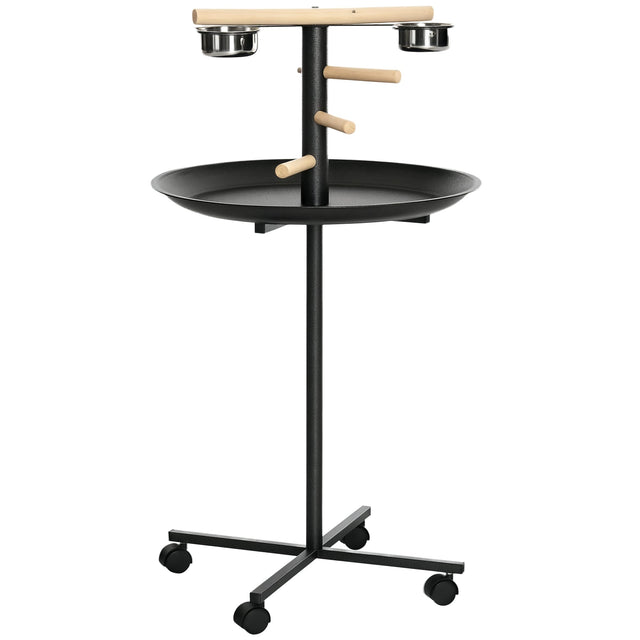 Front. Pawhut - Bird Play Stand, Portable Parrot Perch, Bird Feeder Station, with Four Wheels, Stainless Steel Feeding Bowls, Round Tray - Grey.