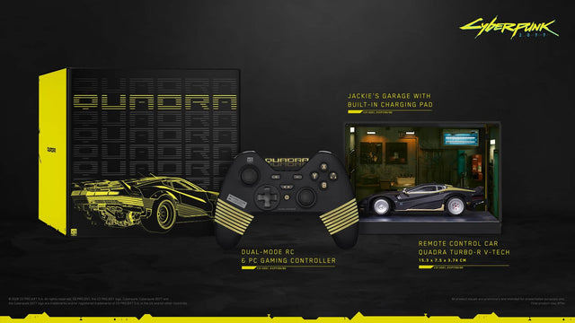 Cyberpunk 2077

PUNGRA QUADRA

JACKIE'S GARAGE WITH BUILT-IN CHARGING PAD
CH.SSSI.BIGPWSS/BR

AURORA
XS QUADRA

DUAL-MODE RC & PC GAMING CONTROLLER
C31-3551 31CP3/03/80

REMOTE CONTROL CAR QUADRA TURBO-R V-TECH
15.3 X 7.5 x 3.74 C31-3551.31CP3/65/80

2026 co PROJECT S.A. All rights reserved. co PROJEKT, the PROJEXT logo, Cyberpunk, Cyberpunk 2077 and the Cyberpunk 2077 logo are trademarks and/or registered trademarks of CO PROJEKT S.A. in the US and/or other countries.

At product visualisations are prelimi
