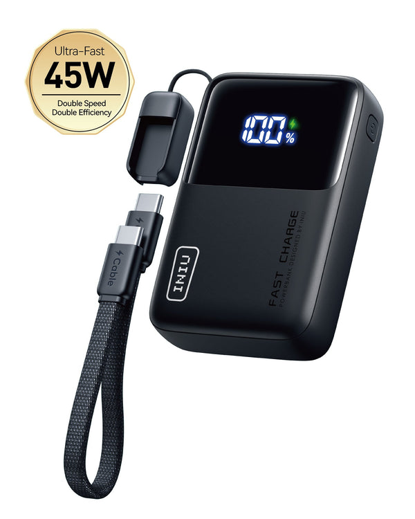INIU - Portable Charger, Market's Smallest 10000mAh PD 45W Power Bank with Layout USB-C Cable for iPhone, Samsung, Pixel etc - Black