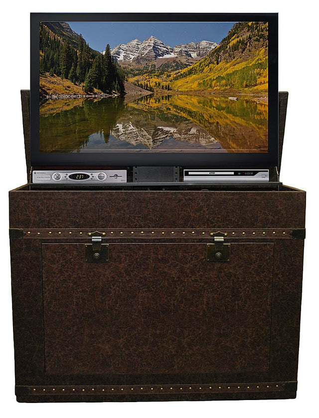 Front. Touchstone Home Products - The Vintage Trunk by Touchstone - Leather Wrapped Smart Motorized TV Lift Cabinet for Flat Screen TVs up to 46 Inches - Aged Cigar Leather.