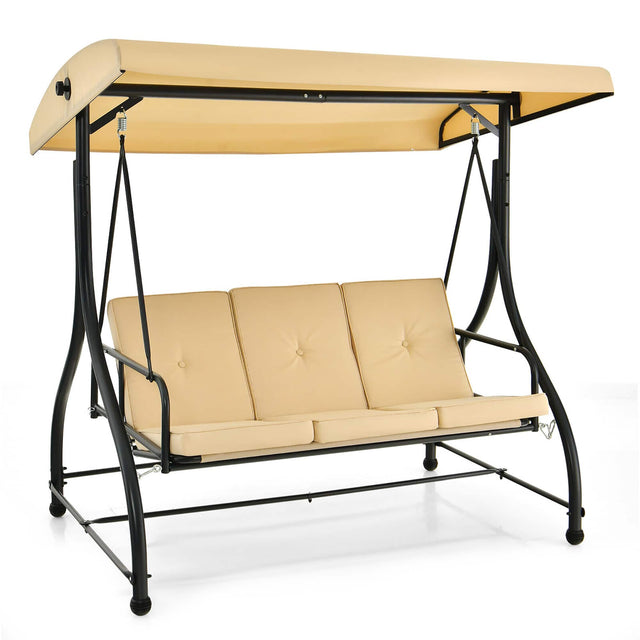 Front. Gymax - Gymax 3-Seat Outdoor Converting Patio Swing Glider Adjustable Canopy Porch Swing Beige - Beige.
