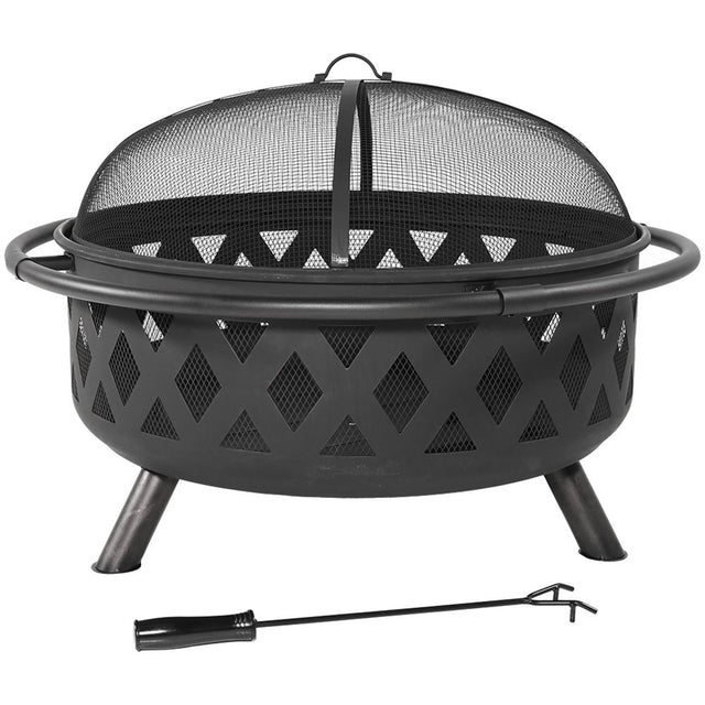 Front. Sunnydaze - 36 in Crossweave Steel Fire Pit with Screen, Poker, and Cover - Black.
