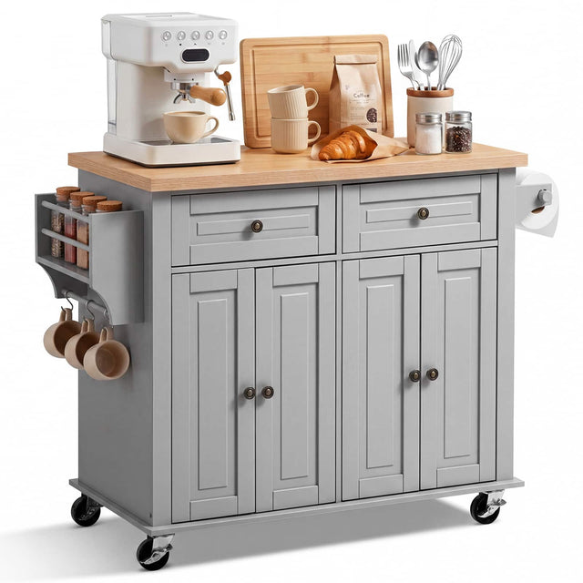 Front. VEVOR - Kitchen Island Cart with Storage, 43.7 in Wide Mobile Rolling Storage Island on Swivel Wheels, with 2 Drawers - Grey.