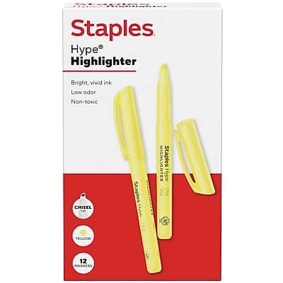 Staples Hype Highlighter  
Bright, vivid ink  
Low odor  
Non-toxic  

CHISEL  
YELLOW  
12 MARKERS