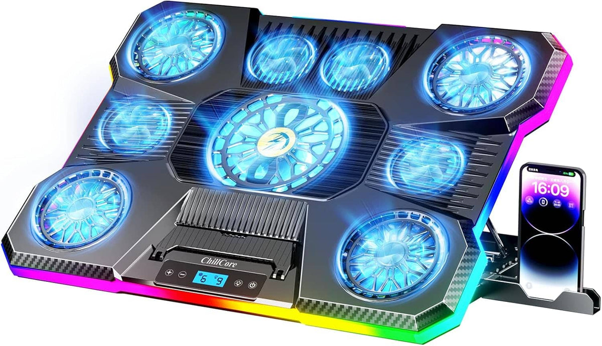 Core Tech - A21 Gaming Laptop Cooling Pad with 9 Fans for 15.6"-19.3" Laptops, Adjustable 8 Height Levels, Dual USB Ports - Blue RGB