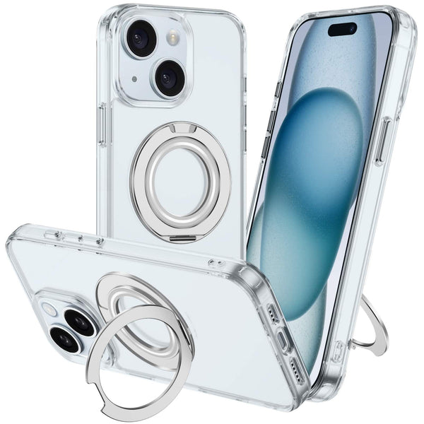 Alpha Digital - Full Protective iPhone 15 PLUS Case w/ Magnetic Rotatable Ring Stand- Soft Flex, Anti-Drop/Fingerprint -360 shockproof - Clear