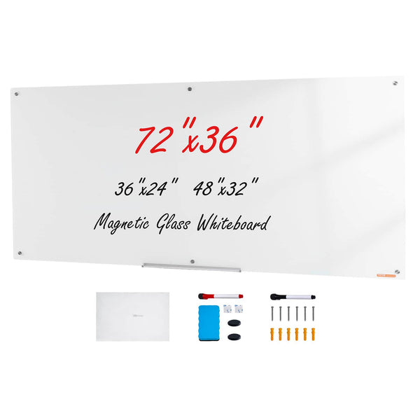 VEVOR - Magnetic Glass Whiteboard, Dry Erase Board 72"x36", Wall-Mounted Large Glassboard Frameless - White
