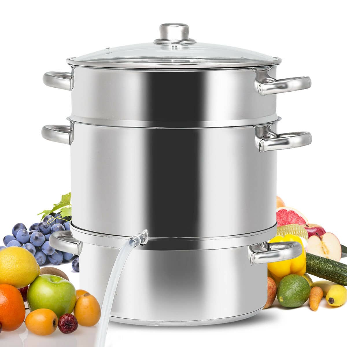 Costway - 11-Quart Stainless Fruit Juicer Steamer Stove Top w/ Tempered Glass Lid - Silver