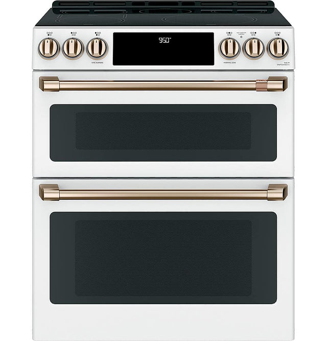Front. Café - 7.0 Cu. Ft. Slide-In Double Oven Electric Induction Convection Range - Matte White.