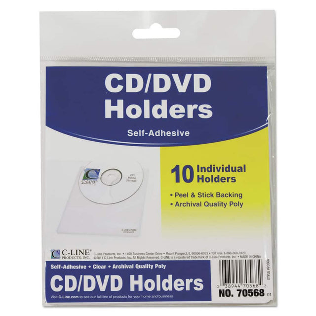 CD/DVD Holders  
Self-Adhesive  

10 Individual Holders  
- Peel & Stick Backing  
- Archival Quality Poly  

C-LINE  
C-Line Products, Inc.  
100 Business Center Drive  
Mount Prospect, IL 60056-6053  
Toll Free 1-888-560-9120  

Self-Adhesive • Clear • Archival Quality Poly  

CD/DVD Holders  

NO. 70568  

Visit C-Line.com to see our full line of products for your home and business  

C-LINE is a registered trademark of C-Line Products, Inc.  
MADE IN CHINA  

STYLE #70568  
C-LINE #70568  
20 HOLDERS  
