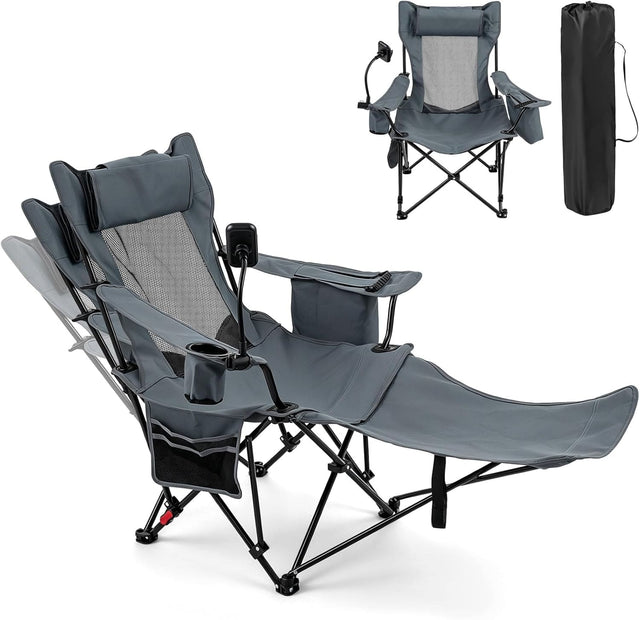 Front. Gymax - Gymax 2-in-1 Reclining Camping Chair w/Detachable Footrest 3-Level Adjustable Backrest Gray & Black - Gray.