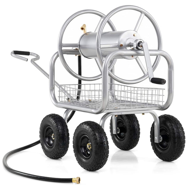 Front. Costway - Costway Garden Hose Reel Cart with 4 Wheels, Storage Basket, 300 FT of 5/8" Large Capacity - Silver.