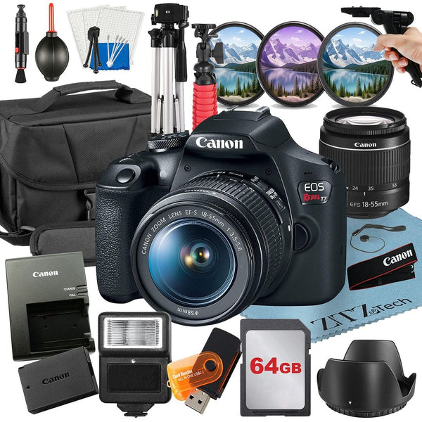 Bundle - Canon - EOS Rebel T7 DSLR Camera with 18-55mm Lens + 64GB Card + Case + ZeeTech - Black