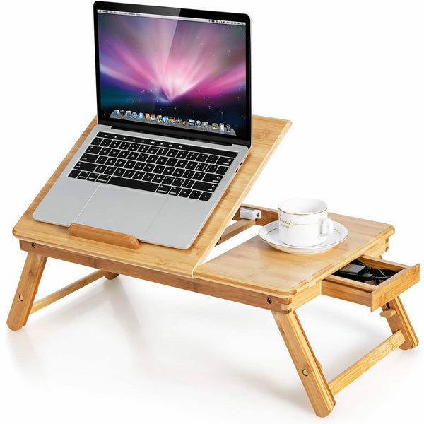 Costway - Adjustable Bamboo Laptop Desk with Tilting Top and Drawer - Natural