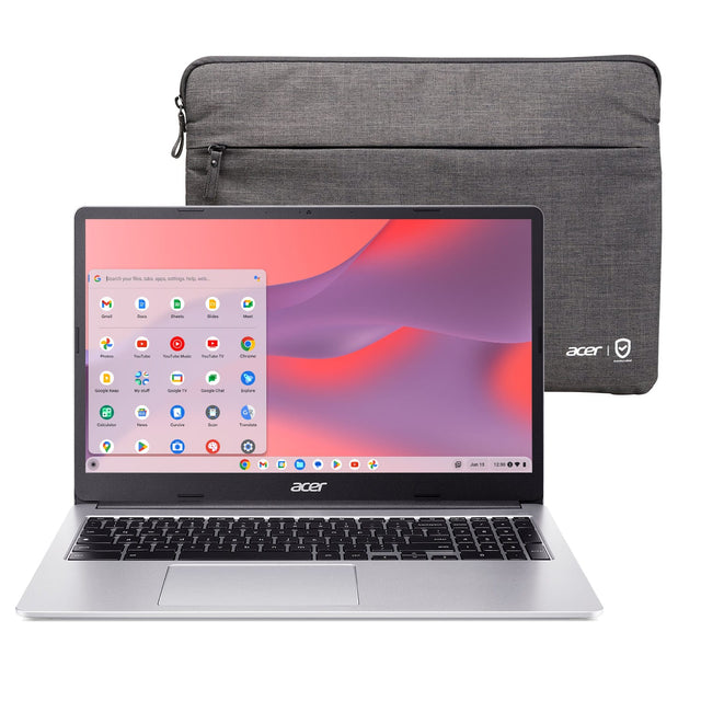 Acer laptop with a pink background and a gray case.