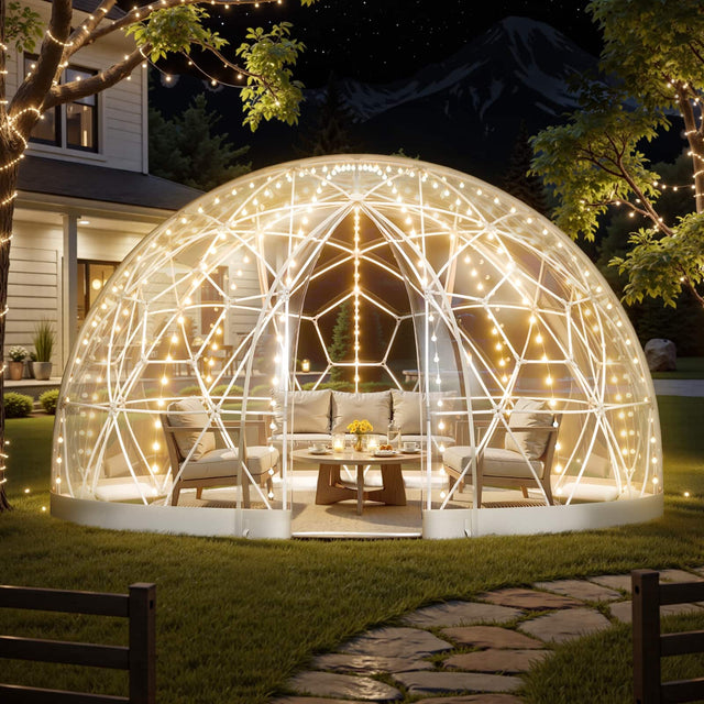 Front. VEVOR - Garden Dome Tent, 9.5 x 5.7 ft Outdoor Clear Bubble Tent for 2-4 Person, Weatherproof Geodesic Dome Greenhouse - Transparent.