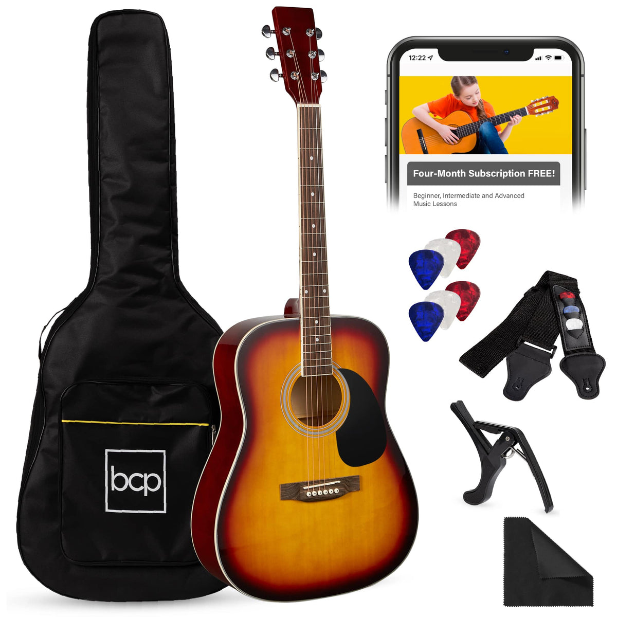 Best Choice Products - 41in Full Size All-Wood Acoustic Guitar Starter Kit w/Gig Bag, E-Tuner, Pick, Strap, Rag - Sunburst