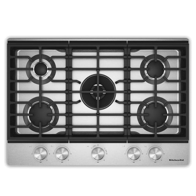 Front. KitchenAid - 30 in. Gas Cooktop with 5 Burners and Integrated Wok Grate - Stainless Steel.