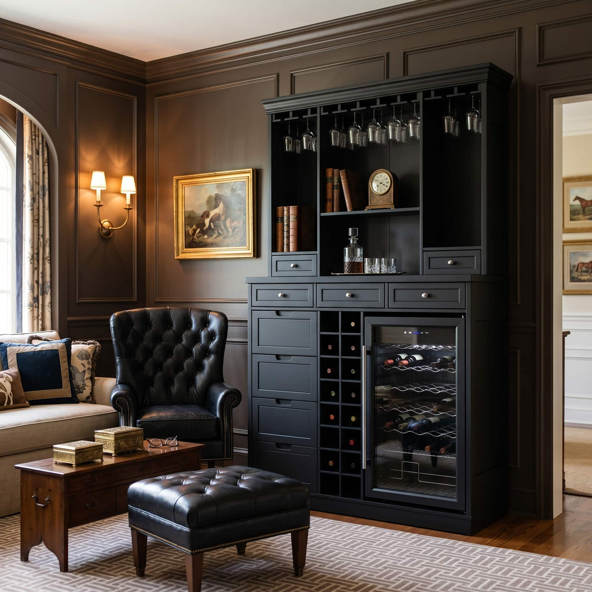 Famapy - 78" Tall American Style Wine Cabinet with Storage – Fits Wine Fridge, Glass Rack, 16 Bottle Cubby, Drawers - Black