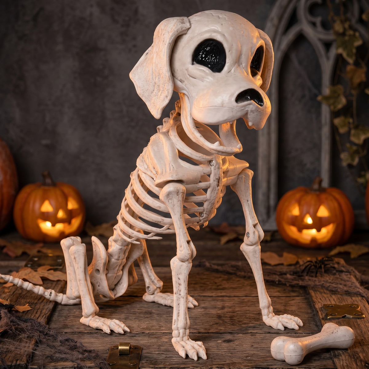 Joyfy - 12.6" Halloween Decorations Dog Puppy Skeleton Full Body Posable for Spooky Scene Decor Party Favor Haunted House Prop - White